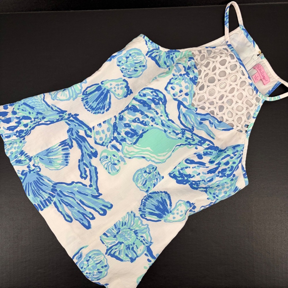 Lilly Pulitzer Halter Top Women 6 Blue Green Seashell Eyelet Lace Coastal Beach